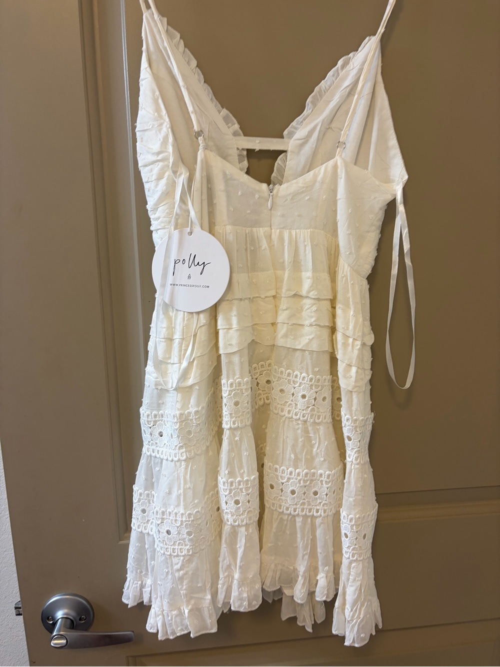White Eyelet Ruffle Mini Dress with Ladder Front - Picture 2 of 3